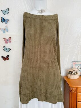 Boho comfy casual girly thermal waffle long sleeve tunic olive green top